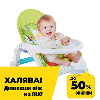 Дитячий шезлонг-гойдалка 2в1 (від 0-18кг, обідній столик, вібрація, дуга з підвісками) 7988 Акція до 21.08