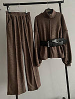Стильный ангоровий брючный костюм Кофе с поясом модный подростковый детский комплект 140