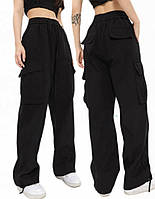 Модные Брюки Карго черные широкие с карманами для девочки подростка детские 146