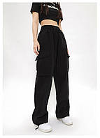 Модные Брюки Карго черные широкие с карманами для девочки подростка детские