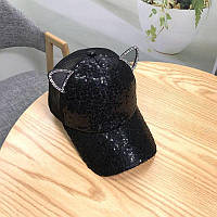 Дитяча кепка модна блискуча яскрава для дівчинки з паєтками котик чорна паєтка
