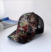 Детская кепка модная блестящая яркая для девочки с паетками геометрія
