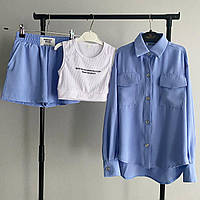 Детский летний костюм креп шорты топ рубашка для девочки 3-ка голубой подростковый