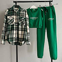 Детский костюм тройка с байковой рубашкой штаны топ модный зеленый стильный комплект для девочки подростка
