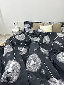 Комплект постільної білизни Бязь голд люкс Комбі темно-сірого з кульбабами з білим Євро розмір 220х240