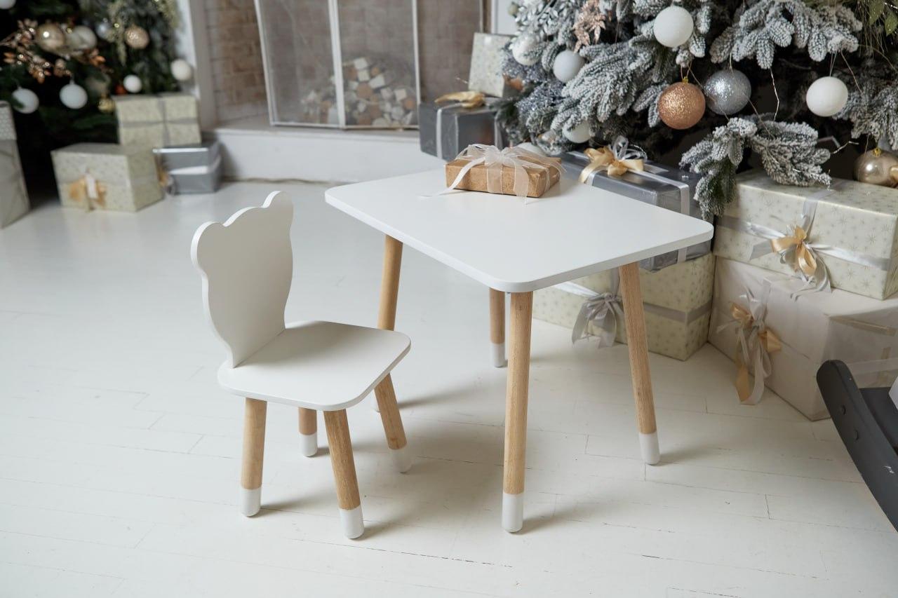 Столик прямокутний та стільчик дитячий ведмежа, білий, дерево, для розвитку та малювання. (277712)