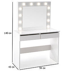 Білий туалетний столик із дзеркалом та підсвічуванням Hollywood 94х43 см із висувними шухлядами в спальню