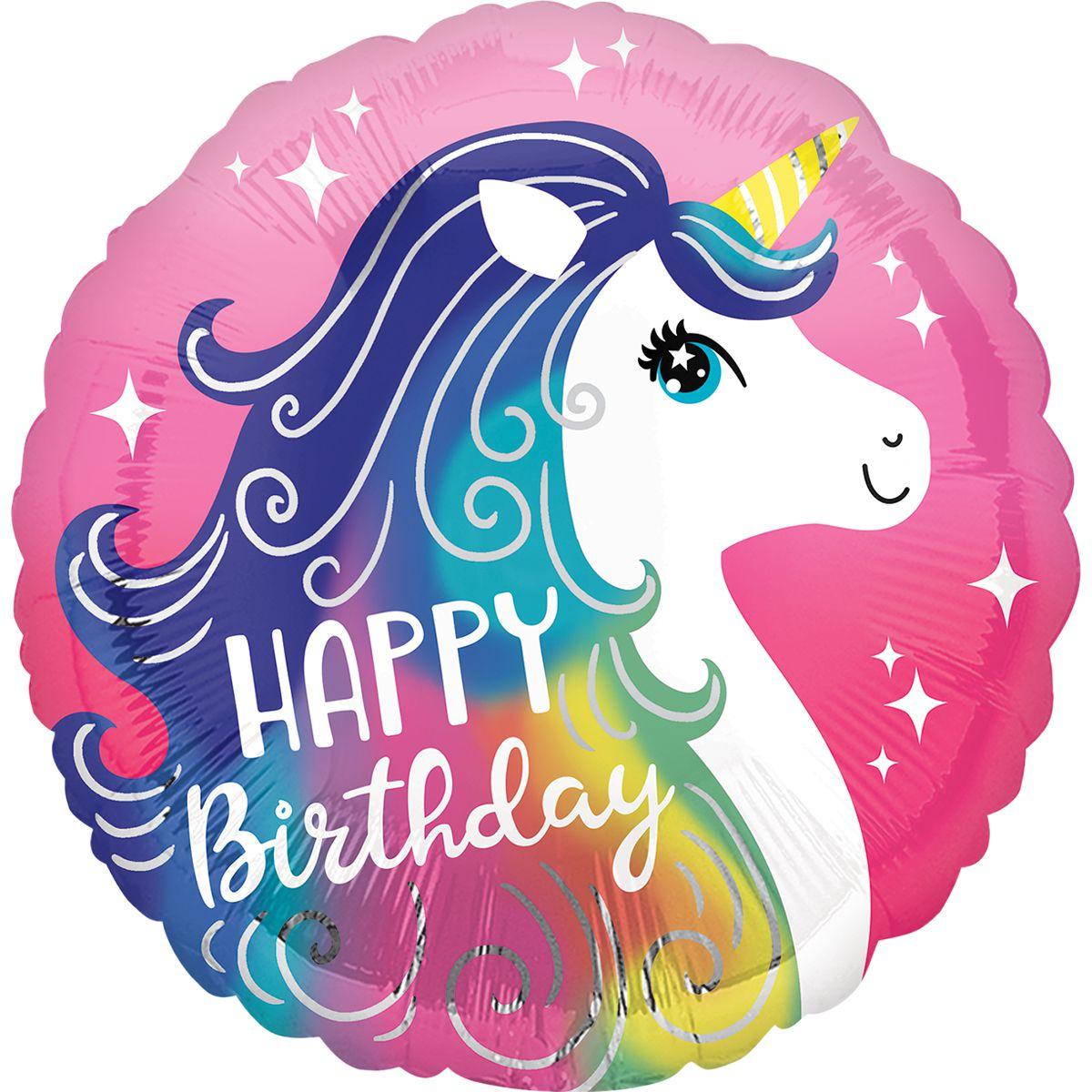 Фольгована кулька круг "Happy Birthday єдиноріг" рожева 18"(45см) 1шт.