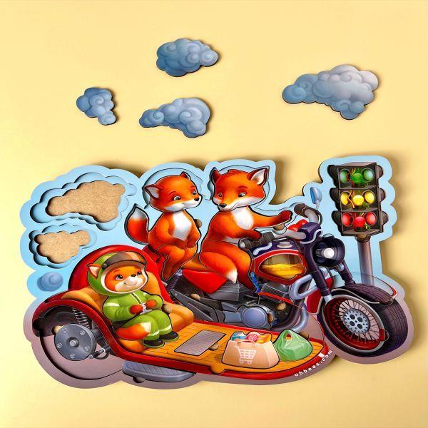 Пазл вкладиш дерев`яний Лисенята на мотоциклі 39 дет Ань-янь 31*24 см (ПСД211), фото 1