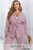 Шикарный костюм фрезового цвета с блузкой и брюками из льна, на талии резинка, больших размеров от 46 до 68