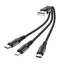 Кабель HOCO X47 USB to iP+Type-C+Micro 2.4A, 0.25m, nylon, aluminum connectors, Black