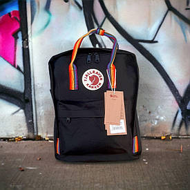 Чорний рюкзак Kanken Classic 16 L з райдужними ручками. Портфель канкен