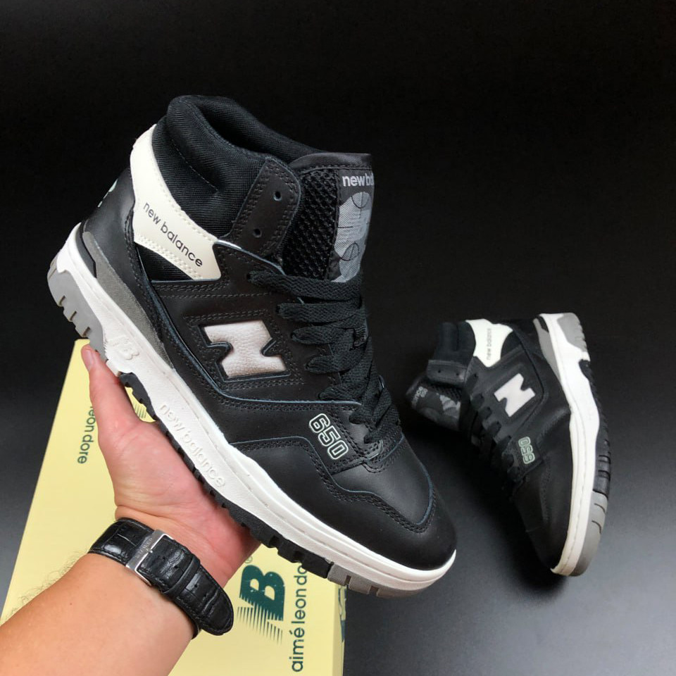 Жіночі кросівки New Balance 650 шкіряні високі прошиті повсякденні чорні бежеві