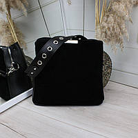 Замшева жіноча сумка через плече стильна комбінована кроссбоді чорна замша+шкірзам