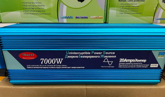 Інвертор із чистою синусоїдою Wimpex WX-7100 на 7000W, 12V-220V, із вбудованою 20А зарядкою акумулятора