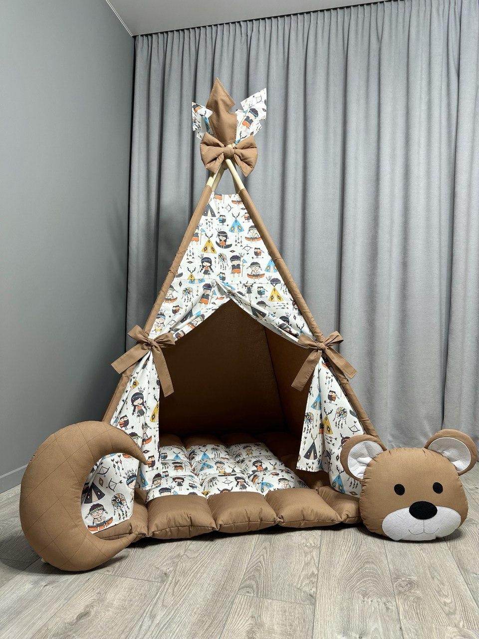 Вігвам для дітей Індіанці на коричневом БОНБОН Повний комплект, вігвам дитячий, вігвам для хлопчика, дитячий вігвам, фото 1