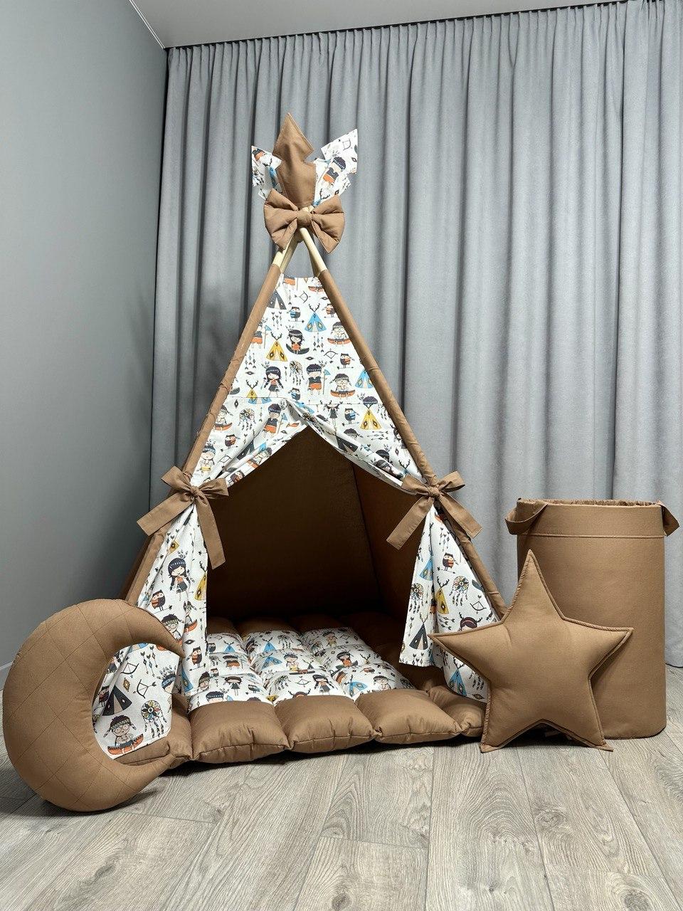 Вігвам Індіанці на коричневом БОНБОН з Кошиком Повний комплект, вігвам дитячий, вігвам для хлопчика, вігвам для дівчинки, фото 1