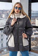 Модная женская зимняя куртка серого цвета с капюшоном