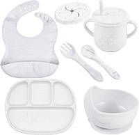 Набор детской силиконовой посуды тарелка 2Life D14 слюнявчик, тарелка для супа, приборы, поильникY1 Мрамор