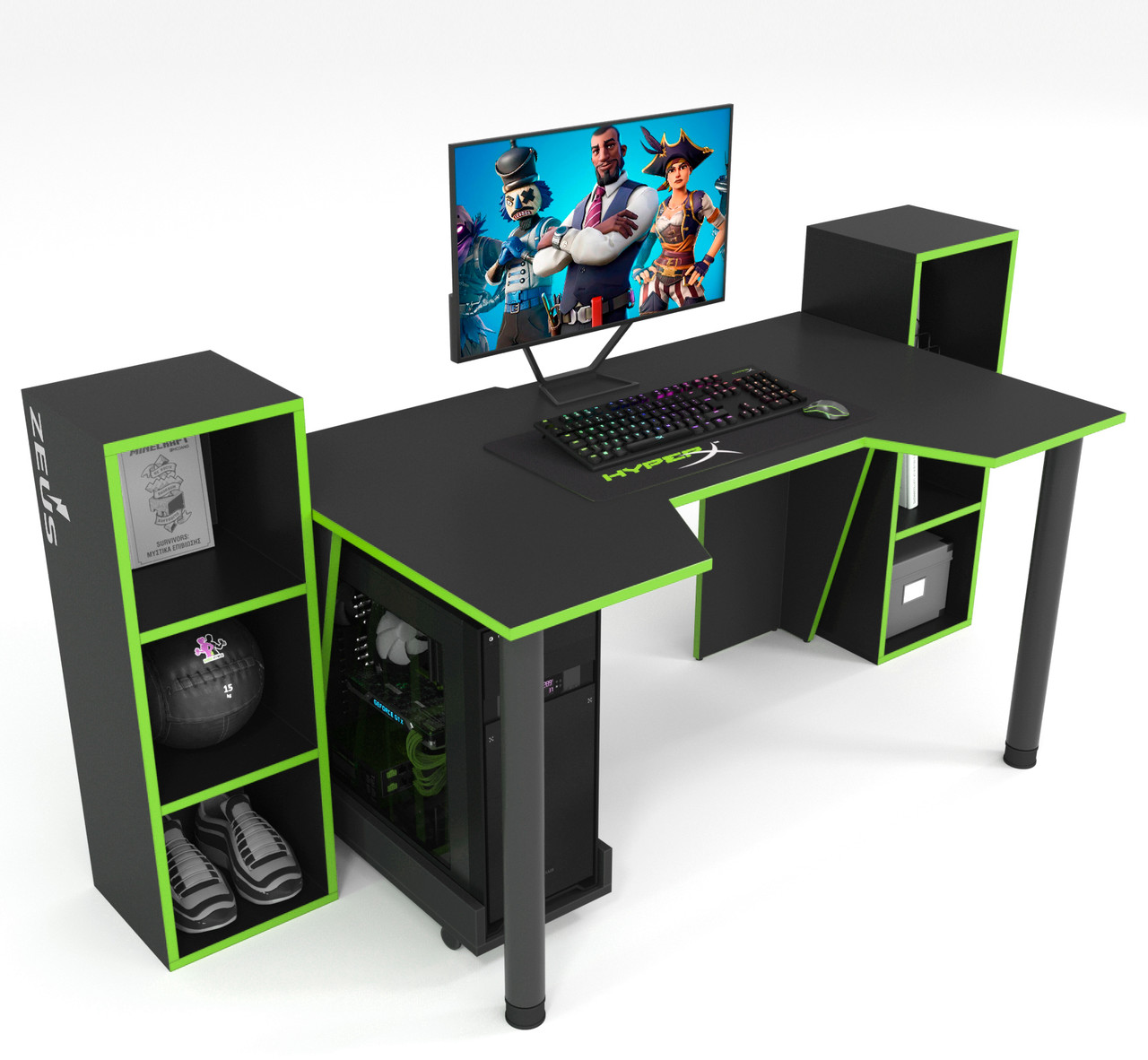 Стіл геймерський "GAMER-5" 120х80х75 см. + 2 Стелажа 32х30х92 см. Чорний/Лайм