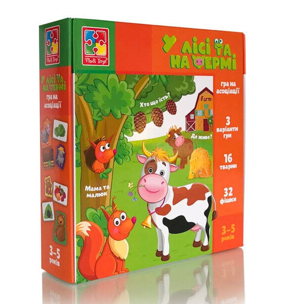 Настільна розвиваюча гра в асоціації "У лісі та на фермі" Vladi Toys, 32 картки, 2 фішки, укр (VT1804-46)