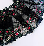 Мереживо стрейч чорне з блискучими зеленими квітами ширина 14,5см, фото 5