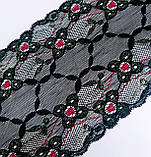 Мереживо стрейч чорне з блискучими зеленими квітами ширина 14,5см, фото 2