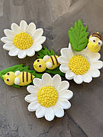 Набор ромашки и пчелы, украшения сахарные на торт, готовый кондитерский декор, цветы из мастики
