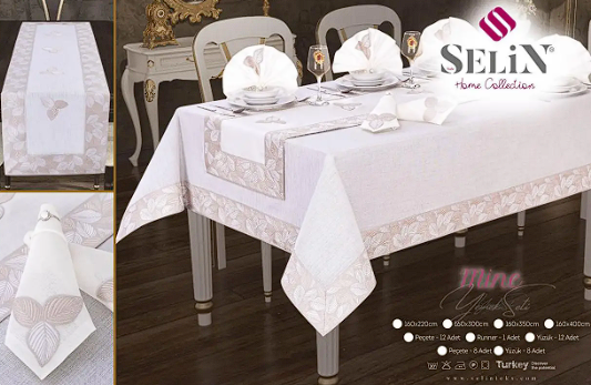 Скатертини лляні з ранером 160х300 на стіл, святкова скатертина прямокутна 8 серветок красива Кремова