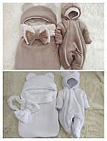 Дитячий конверт і комбінезон на виписку Зима Велюр, набір на виписку з пологового будинку