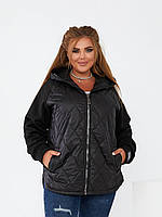 Женская демисезонная куртка батал комбинированная с капюшоном Черная