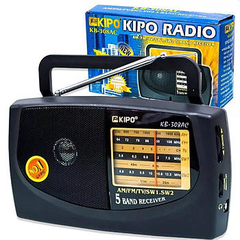 Радіоприймач на батарейках та від мережі KIPO KB-308AC / Портативне FM радіо на 5 хвиль