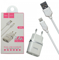 Зарядное устройство Hoco C12A Smart Dual 2 USB + шнур usb lightning белое