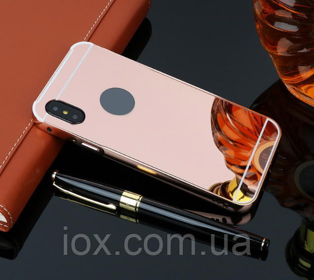 Чохол рожевий в металі для iphone X XS алюміній+дзеркальний акрил