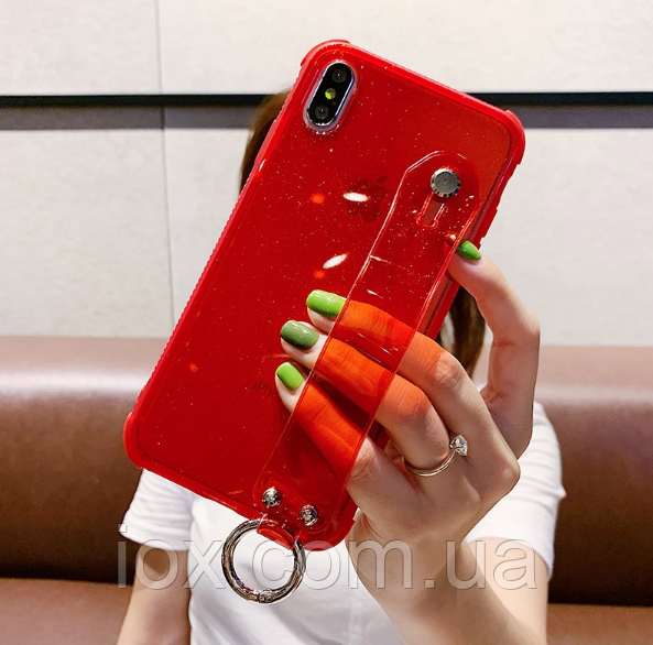 Силіконовий прозоро-червоний чохол для iphone 11pro блискітки+кільце+тримач
