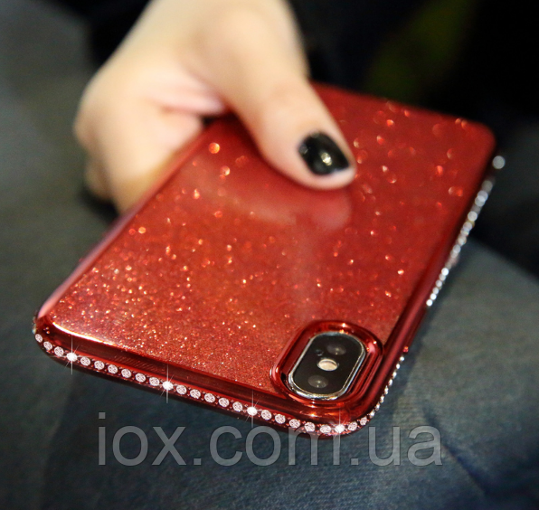 Силіконовий червоний чохол з камінням Сваровські для Iphone X/XS 3в1