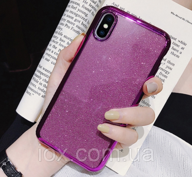 Силіконовий фіолетовий чохол з камінням Сваровські для Iphone X/XS 3в1
