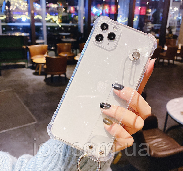 Прозорий силіконовий чохол для iphone 11pro блискітки+кільце+тримач