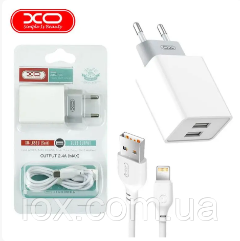 Зарядний пристрій XO L65 2 USB 2.4 A + кабель Lightning Білий