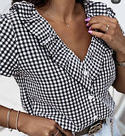 Модная женская коттоновая блузка-рубашка с воротничкомв клетку на пуговицах,коттон 50-52.54-56 Цвета2 Чёрная