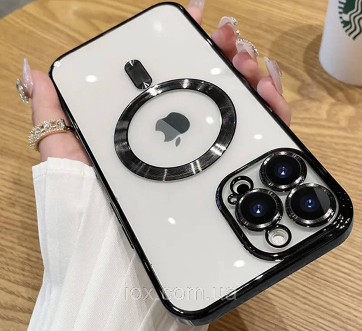 Прозрачно-чорний чехол MagSafe та захистом на камеру для Iphone 14 Pro