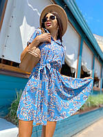 Шикарное модное женское платье с пуговками и пояском. Принт цветы. Мини. Софт 42-44,44-46 Цвета2 Голубой