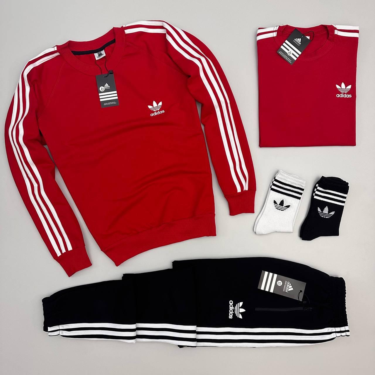 Чоловічий спортивний костюм Adidas + Футболка без капюшона з лампасами Адідас червоний із чорним