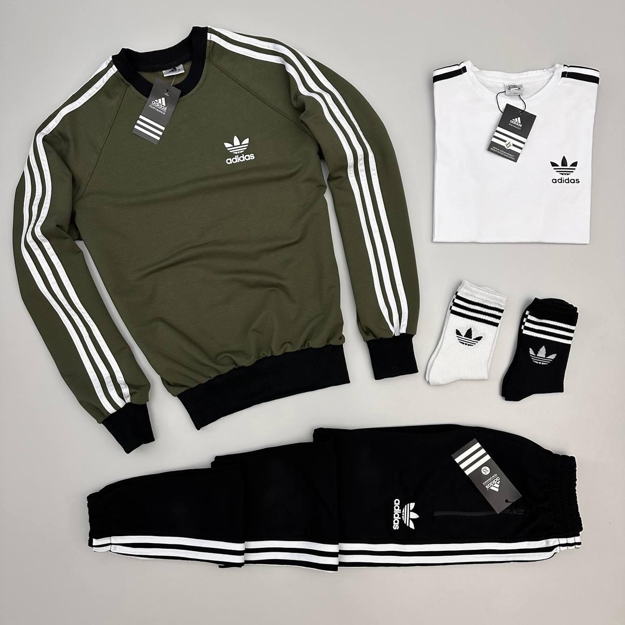 Чоловічий костюм Adidas 3в1 Світшот + Штани + Футболка + Шкарпетки у подарунок чорний Адідас весняний осінній
