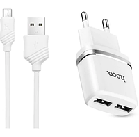 Зарядное устройство Hoco C12A Smart Dual 2 USB + шнур usb micro белое