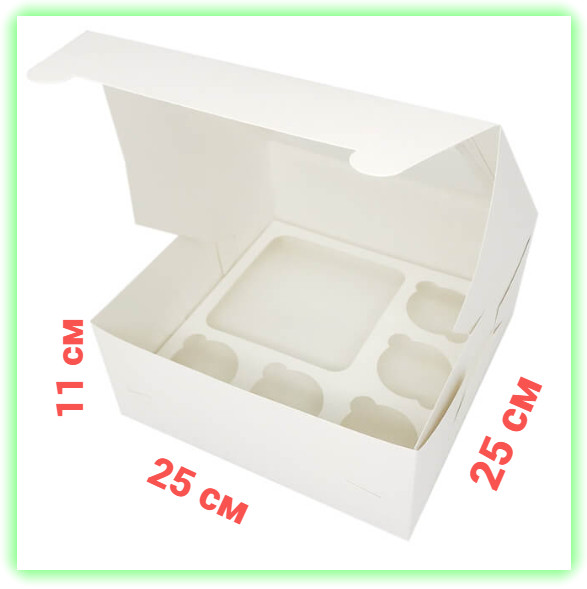 Картонная коробка белая для бенто торта 5 капкейков 250х250х110 мм - фото 1 - id-p1924485466