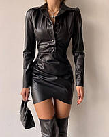 Модное,женское,чёрное платье из экокожиПриталенное,с отложным воротником,с длинными рукавами Цвет1 42-44,46-48