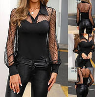 Шикарная женская блузка с отложным воротничком Ткань креп-дайвинг+евросетка горох 42-44,46-48 Чёрная