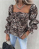 Модная женская стильная блуза рукав и талия на резиночках,открытая спинка Софт 42-46 Цвета2 Леопард