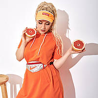 Стильное спортивное женское платье-туника,с коротким рукавом,с капюшоном Мини Двунить 42-44,46-48 Цвет5 Оранж